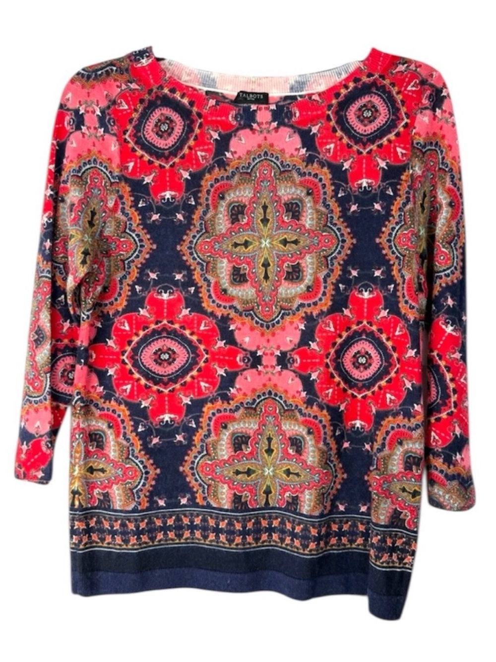 Talbots Petite Medium Pure Merino Wool Multicolor Medallion Knit Top